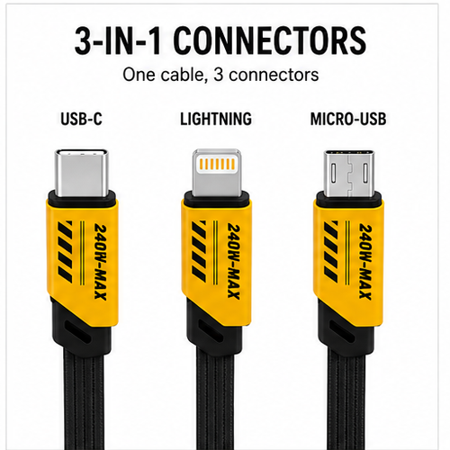 3-in-1 Braided Charging Cable 4 FT (1.2 m) – USB-A to USB-C, Lightning & Micro-USB