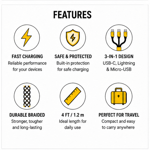 3-in-1 Braided Charging Cable 4 FT (1.2 m) – USB-A to USB-C, Lightning & Micro-USB