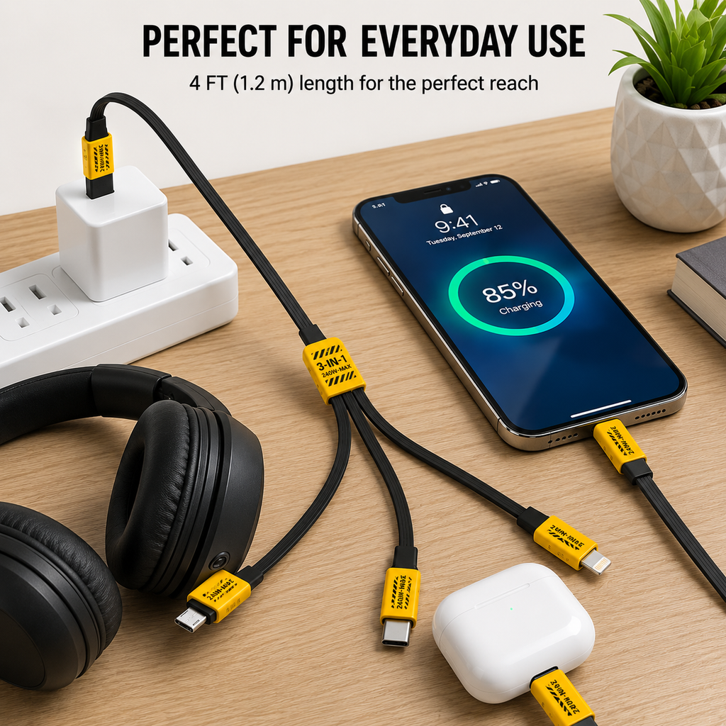 3-in-1 Braided Charging Cable 4 FT (1.2 m) – USB-A to USB-C, Lightning & Micro-USB
