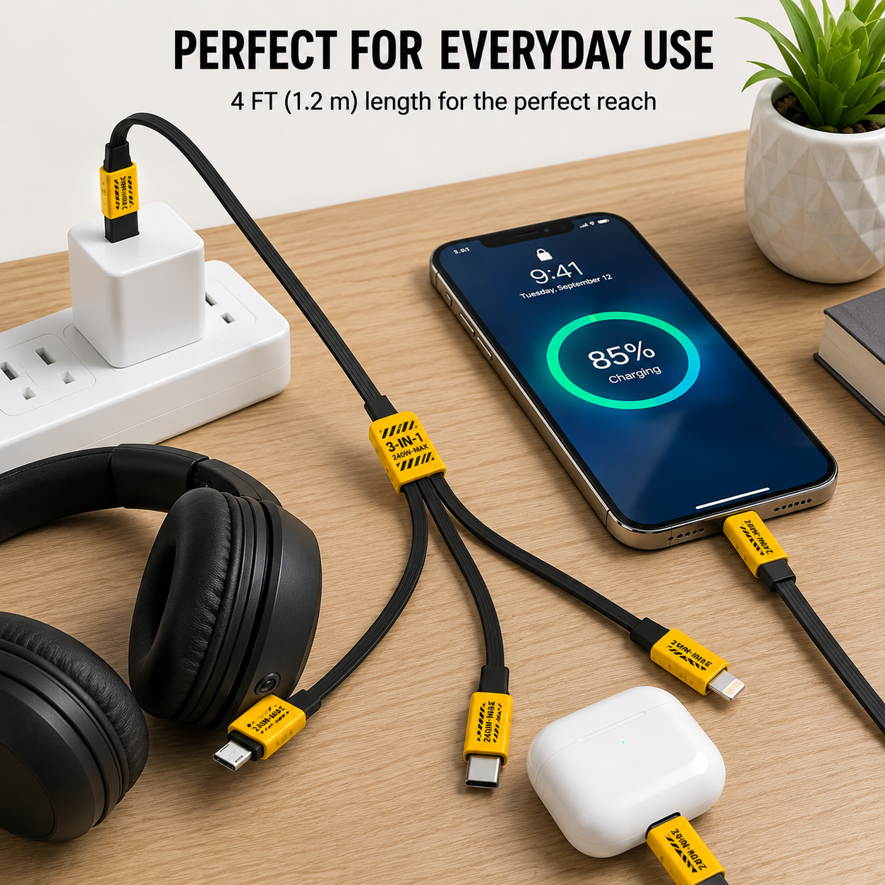 3-in-1 Braided Charging Cable 4 FT (1.2 m) – USB-A to USB-C, Lightning & Micro-USB