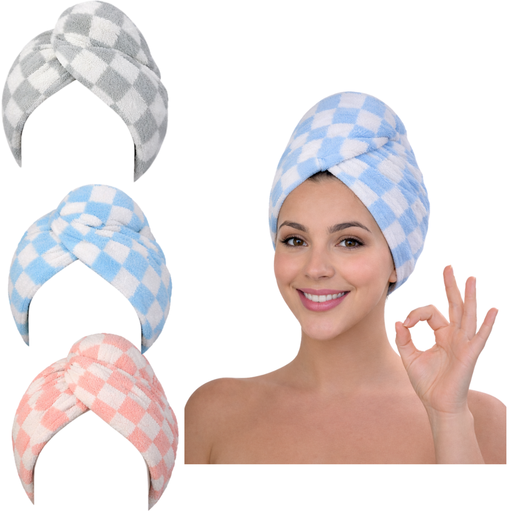 Microfiber Hair Towel Wrap – Fast Drying Anti-Frizz Turban with Button Closure – 3 Styles & 3 Colors – 1, 2, 3 & 6 Pack