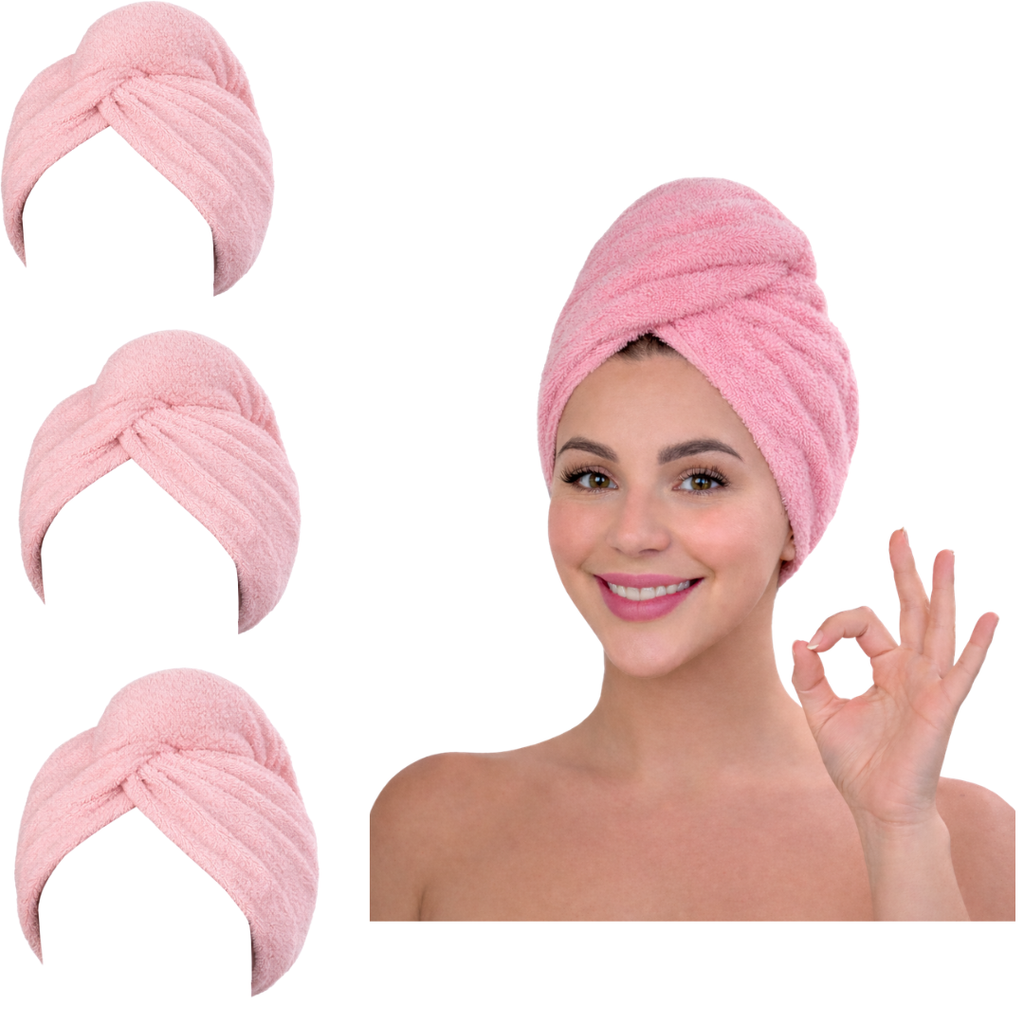 Microfiber Hair Towel Wrap – Fast Drying Anti-Frizz Turban with Button Closure – 3 Styles & 3 Colors – 1, 2, 3 & 6 Pack
