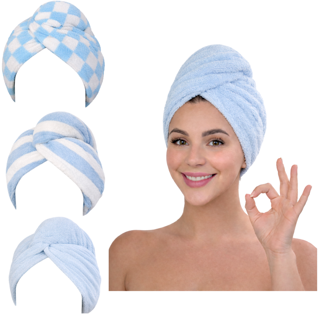 Microfiber Hair Towel Wrap – Fast Drying Anti-Frizz Turban with Button Closure – 3 Styles & 3 Colors – 1, 2, 3 & 6 Pack