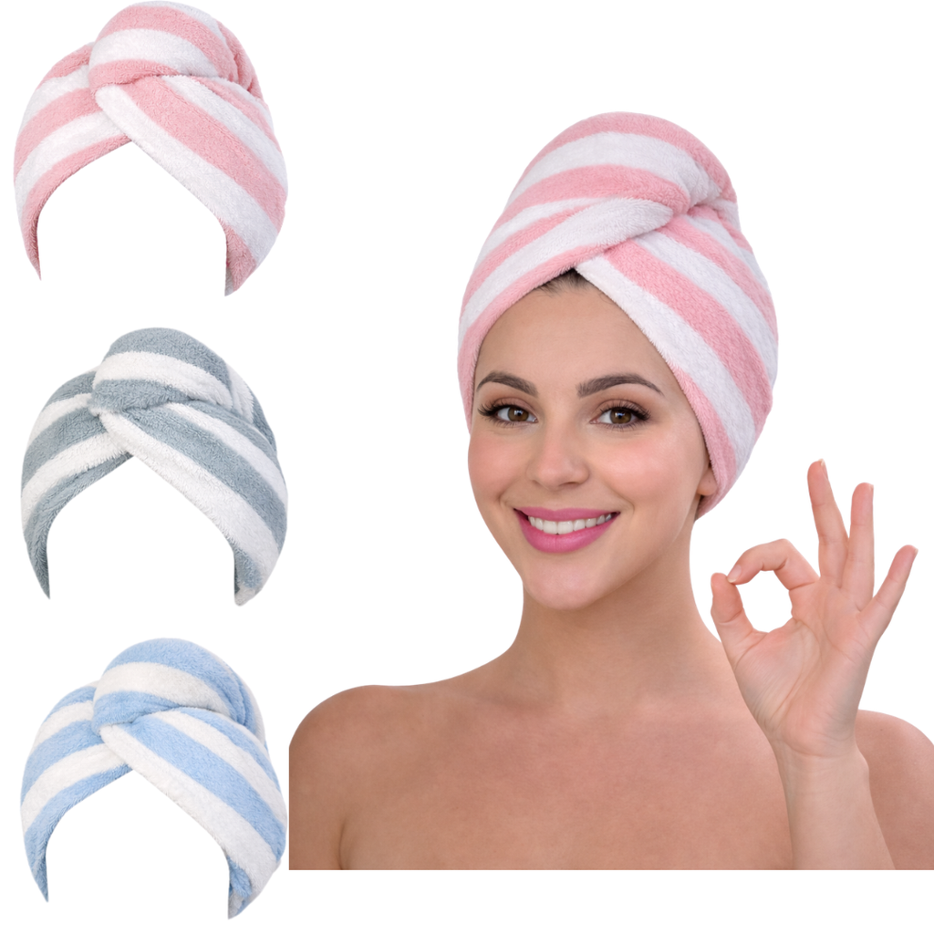 Microfiber Hair Towel Wrap – Fast Drying Anti-Frizz Turban with Button Closure – 3 Styles & 3 Colors – 1, 2, 3 & 6 Pack