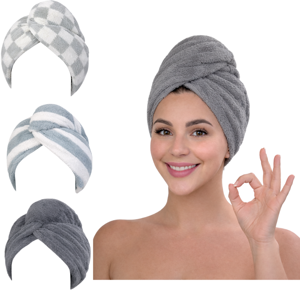 Microfiber Hair Towel Wrap – Fast Drying Anti-Frizz Turban with Button Closure – 3 Styles & 3 Colors – 1, 2, 3 & 6 Pack