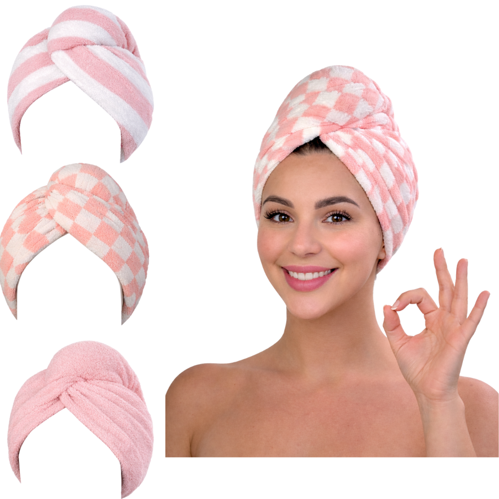 Microfiber Hair Towel Wrap – Fast Drying Anti-Frizz Turban with Button Closure – 3 Styles & 3 Colors – 1, 2, 3 & 6 Pack