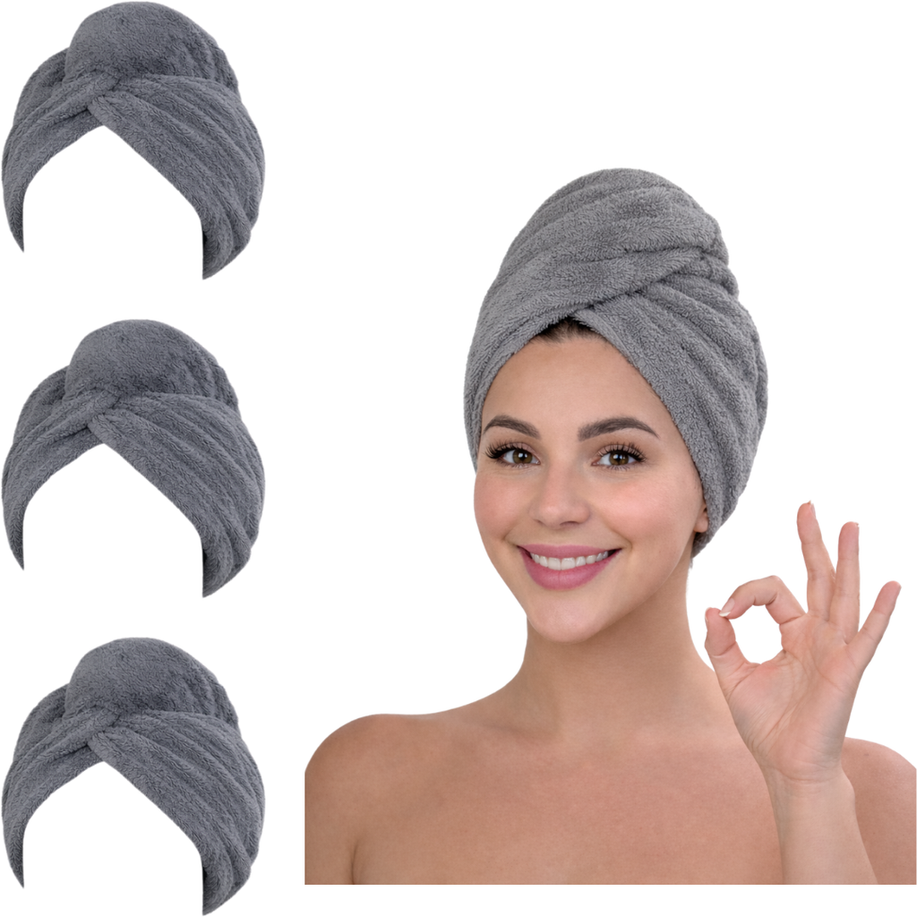 Microfiber Hair Towel Wrap – Fast Drying Anti-Frizz Turban with Button Closure – 3 Styles & 3 Colors – 1, 2, 3 & 6 Pack