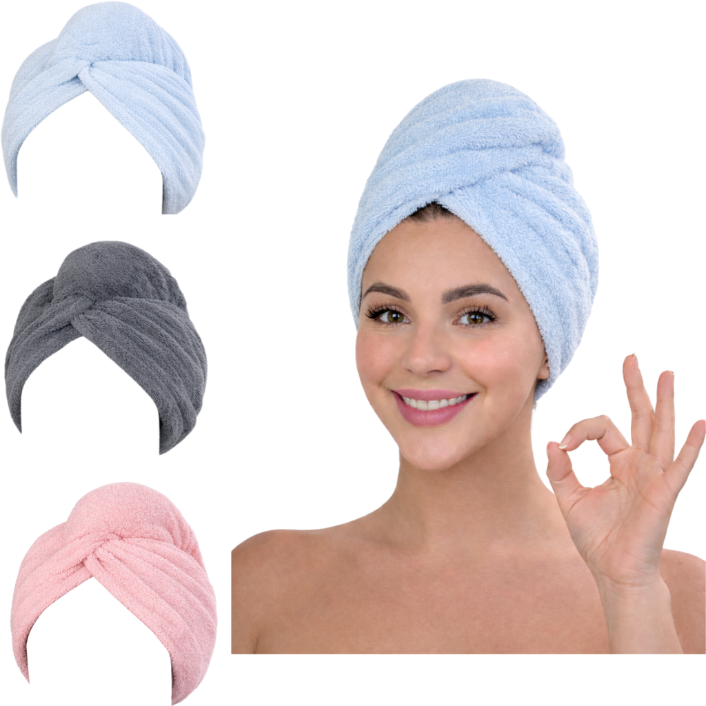 Microfiber Hair Towel Wrap – Fast Drying Anti-Frizz Turban with Button Closure – 3 Styles & 3 Colors – 1, 2, 3 & 6 Pack