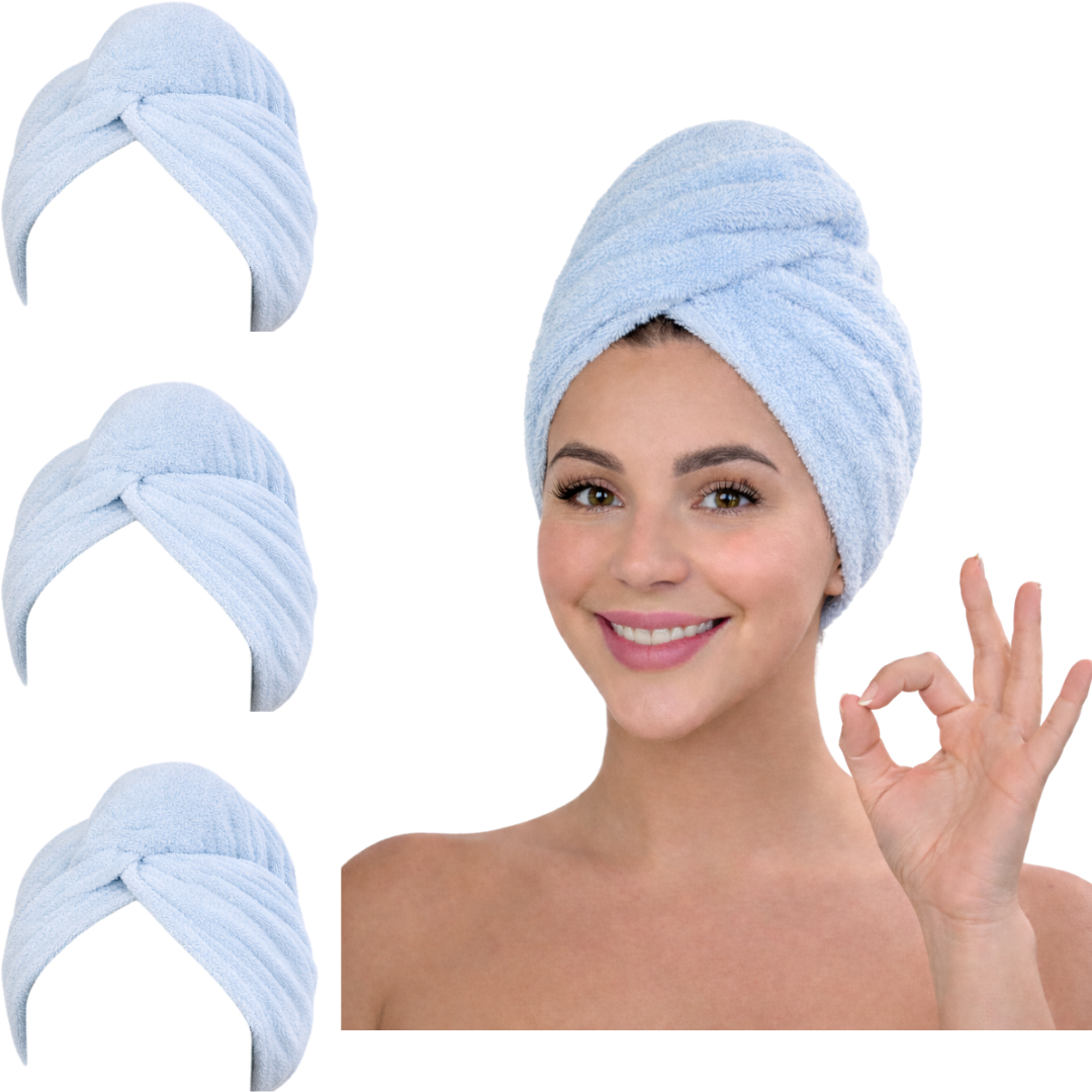 Microfiber Hair Towel Wrap – Fast Drying Anti-Frizz Turban with Button Closure – 3 Styles & 3 Colors – 1, 2, 3 & 6 Pack