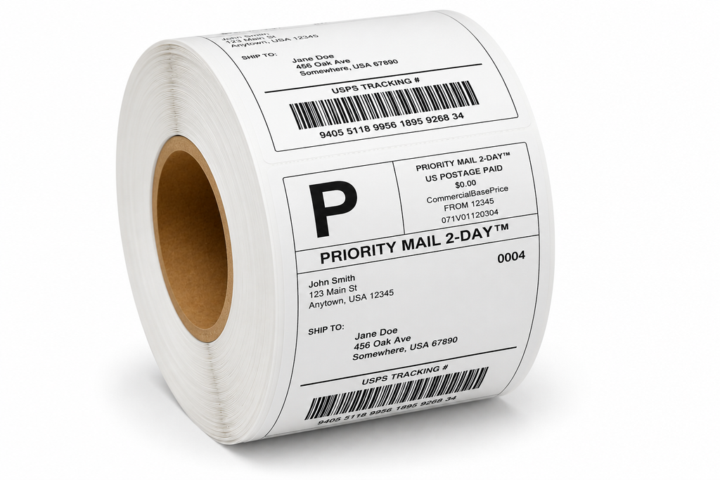 Angled view of 4x6 direct thermal shipping label roll, outward wound with perforation