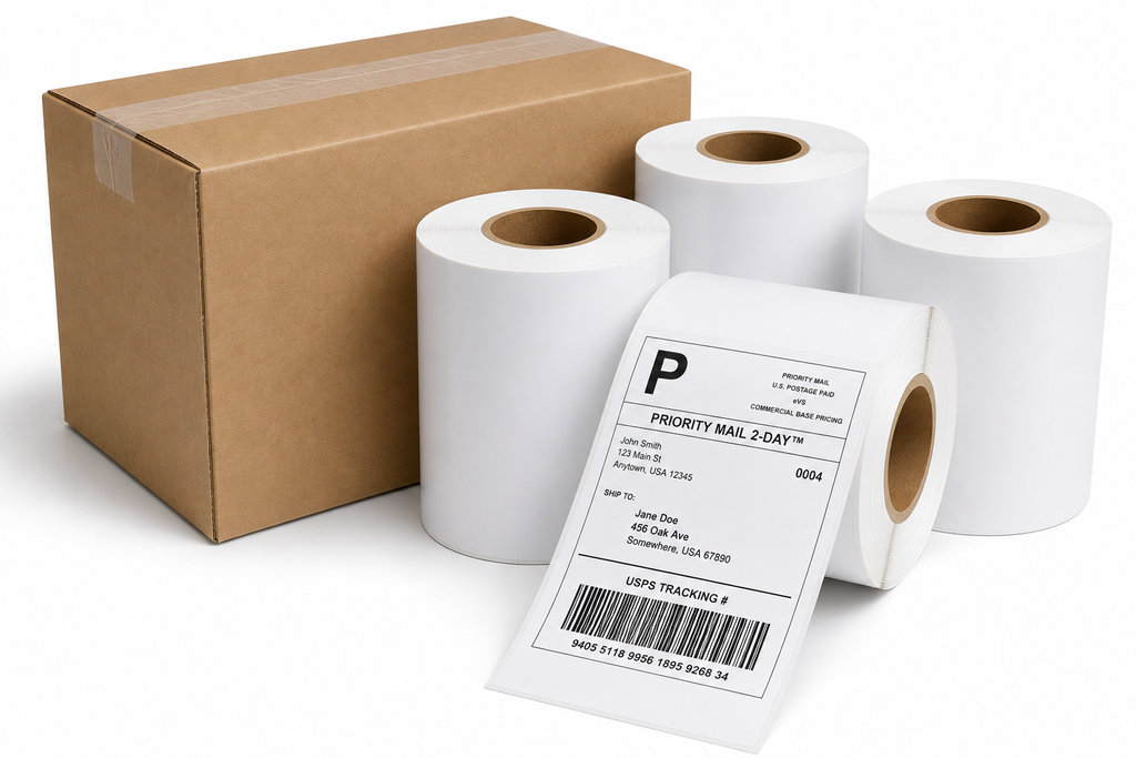 Plain brown box with multiple 4x6 matte direct thermal shipping label rolls
