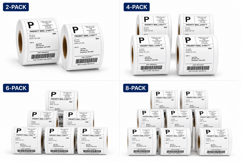 2‑Pack
Two rolls of 4x6 matte direct thermal shipping labels with perforation

4‑Pack
Four rolls of 4x6 matte direct thermal shipping label rolls with brown cores

6‑Pack
Six roll bundle of 4x6 matte direct thermal shipping labels, perforated

8‑Pack
Eight roll bundle of 4x6 matte direct thermal shipping labels, perforated