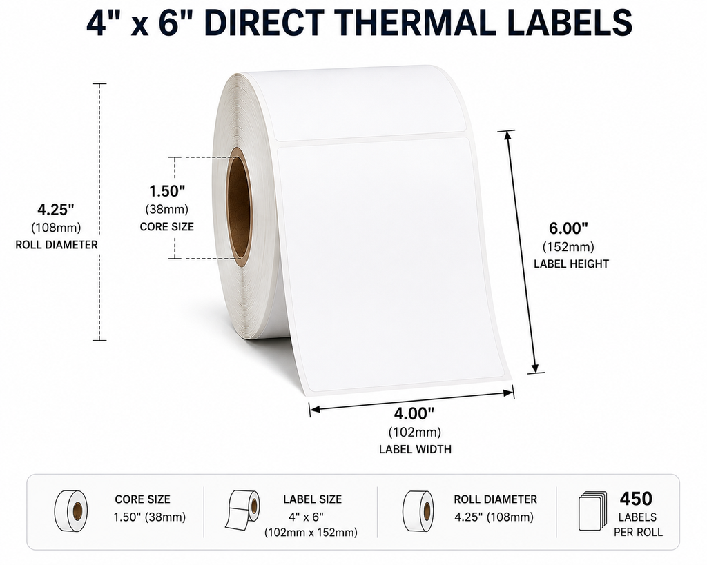 4" x 6" Direct Thermal Shipping Labels – 450 Labels Per Roll, Perforated, Brown Core