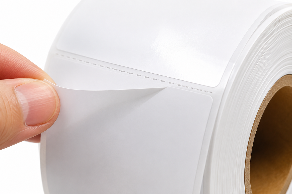 Close‑up of perforated 4x6 direct thermal shipping label showing tear line