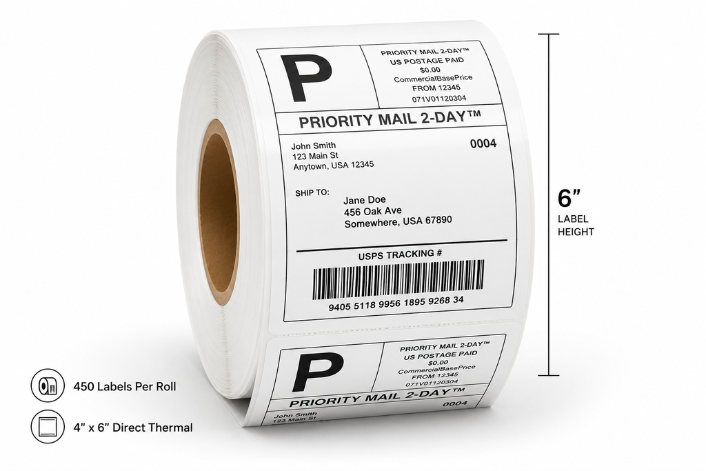 4x6 direct thermal shipping label roll with perforated glossy labels and brown core