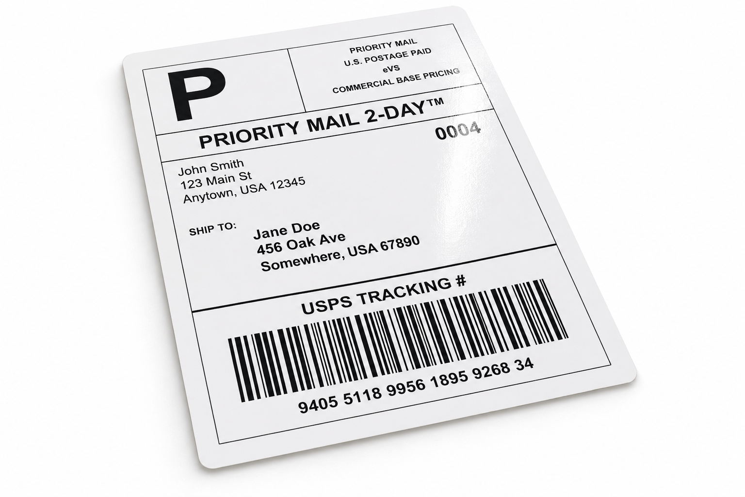Printed 4x6 matte direct thermal shipping label with barcode and shipping details