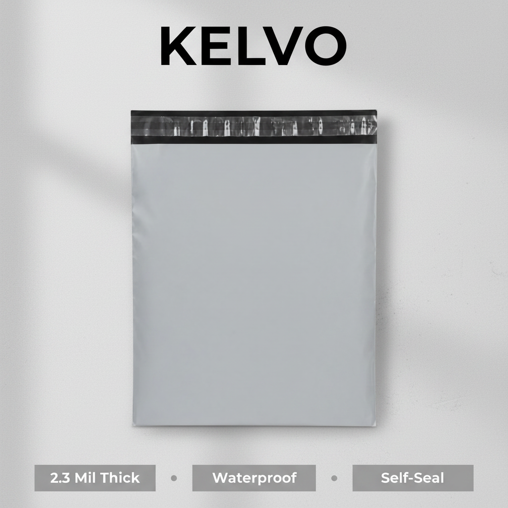 KELVO Poly Mailers on gray background with branding