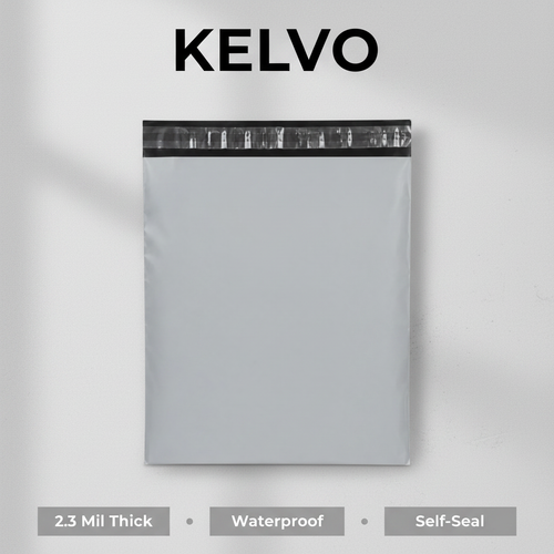 KELVO Poly Mailers on gray background with branding