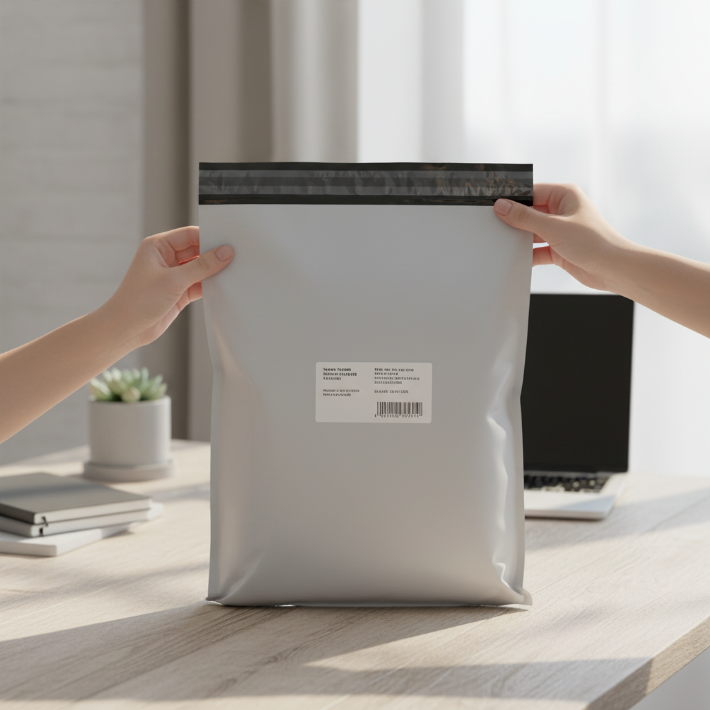 Hands holding a sealed poly mailer ready to ship