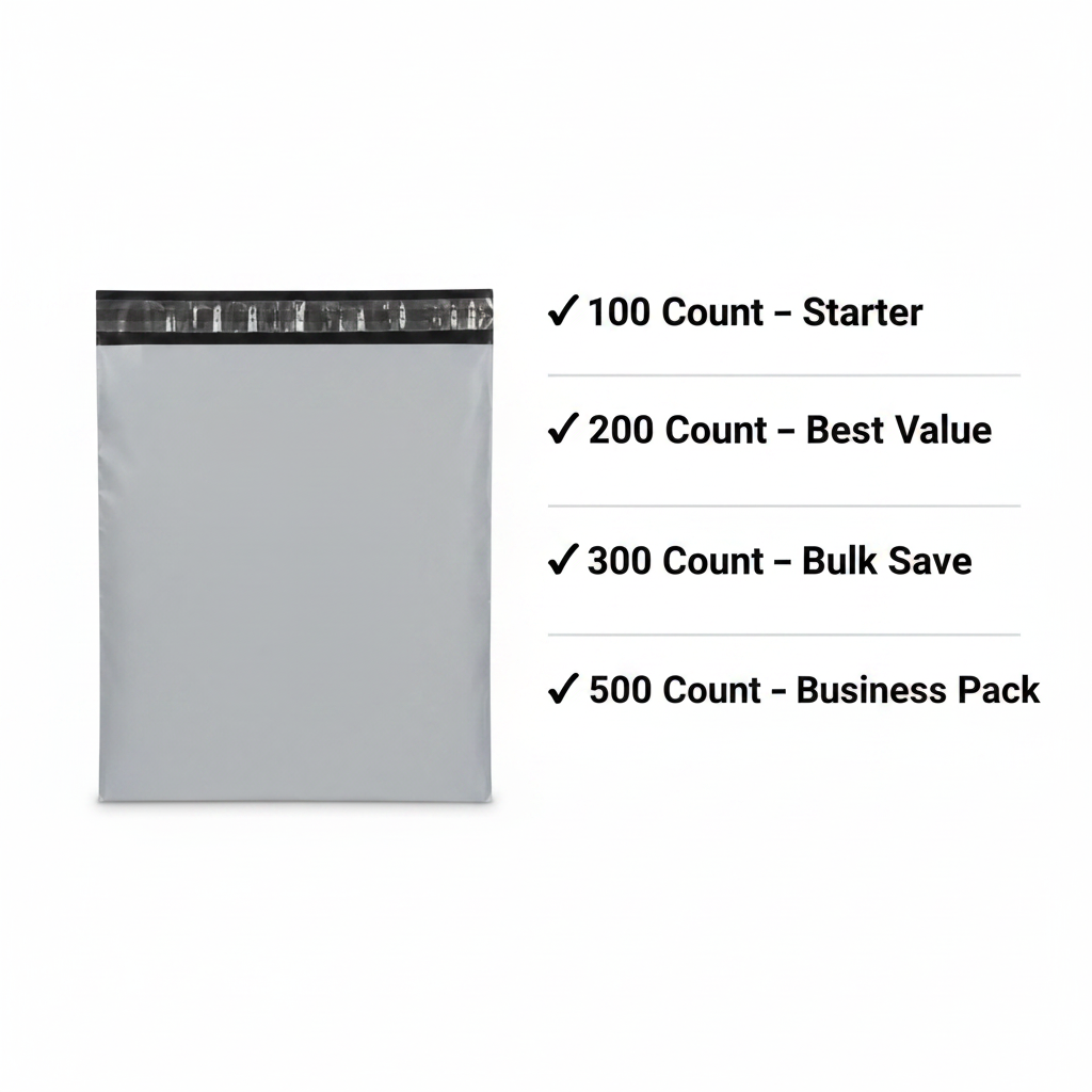 Poly mailer pack options checklist showing all four pack sizes