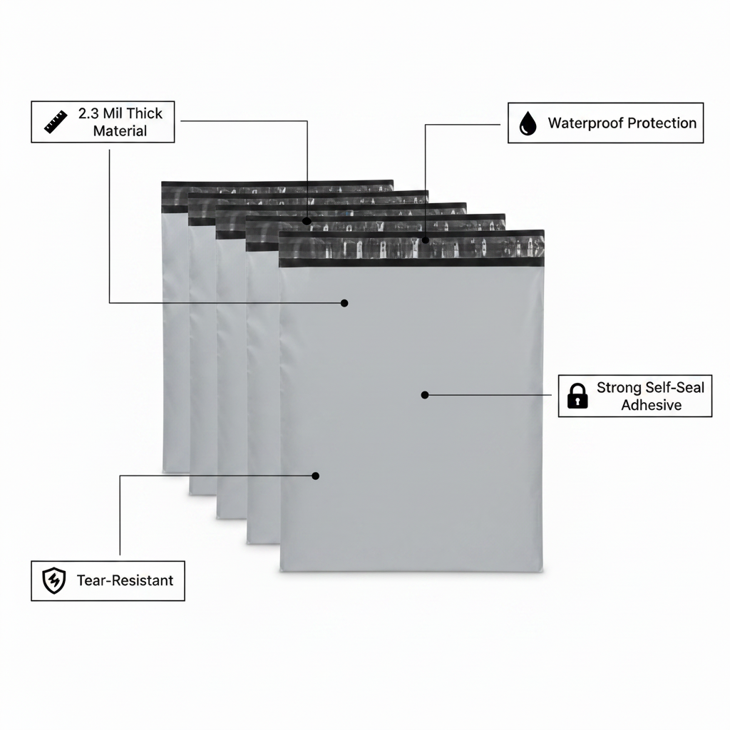 Poly mailer feature infographic with callout labels