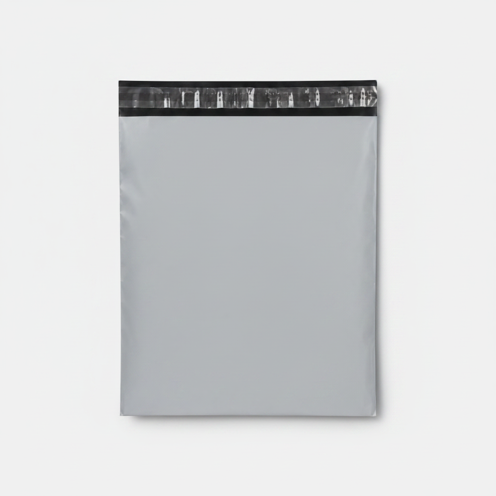 Top-down flat lay of poly mailer on gray background