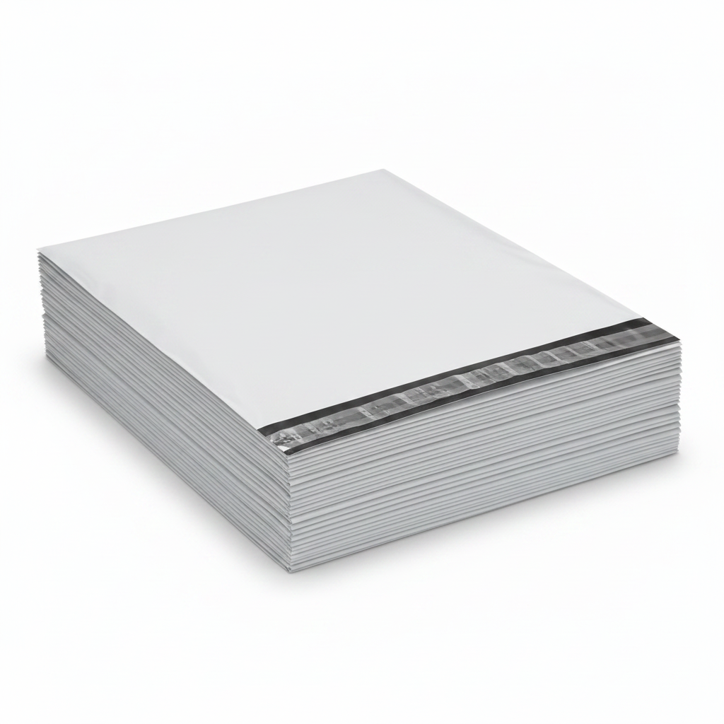 Stacked poly mailers showing depth and thickness